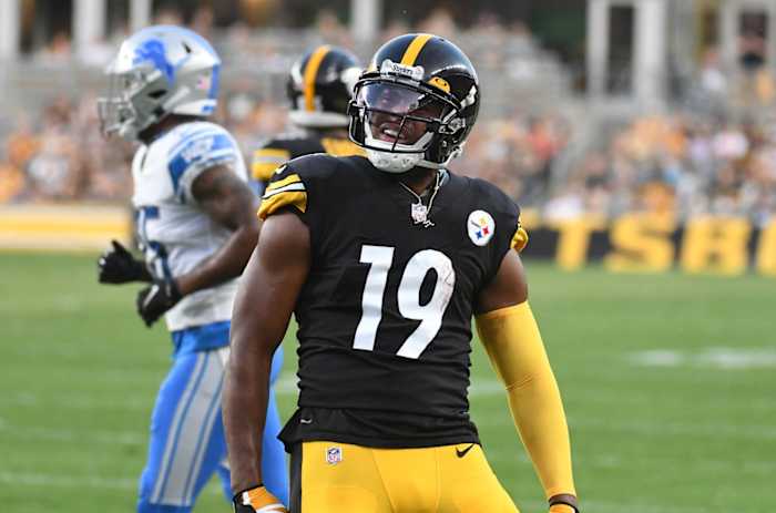 Aug 21, 2021; Pittsburgh, Pennsylvania, USA; Pittsburgh Steelers wide receiver JuJu Smith-Schuster (19) celebrates a first down during the first quarter against the Detroit Lions at Heinz Field. Mandatory Credit: Philip G. Pavely-USA TODAY Sports